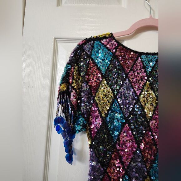 Vintage 80s Colorful Sequins Diamond Argyle Tassel Fringe Midi Dress Fla… - Picture 3 of 13